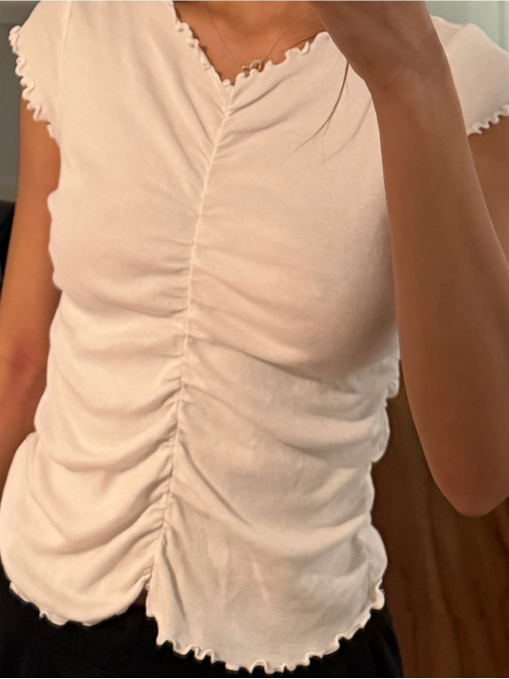 H&M White Ruched Lettuce-Edge Crop Top